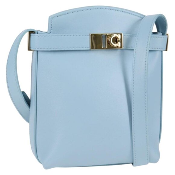 Salvatore Ferragamo Gancini Shoulder Bag Leather Light Blue Gold Auth 135930M - Picture 1 of 16